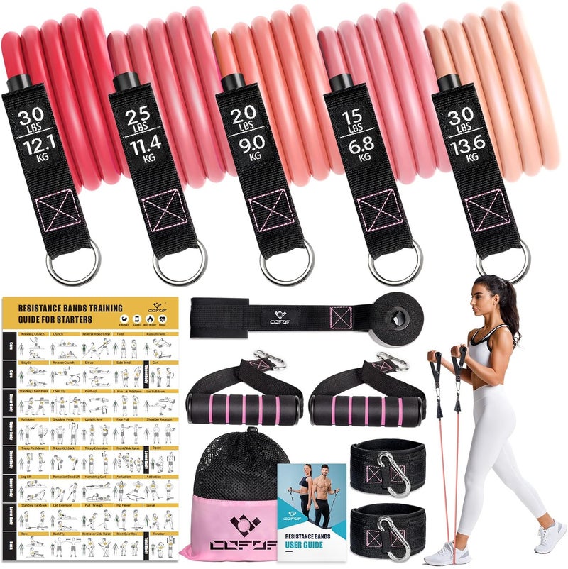 COFOF Resistance Bands with Handles for Women, 5 Level Exercise Bands Workout Bands for Physical Therapy, Yoga, Pilates, Door Anchor, Storage Pouch - Image 1